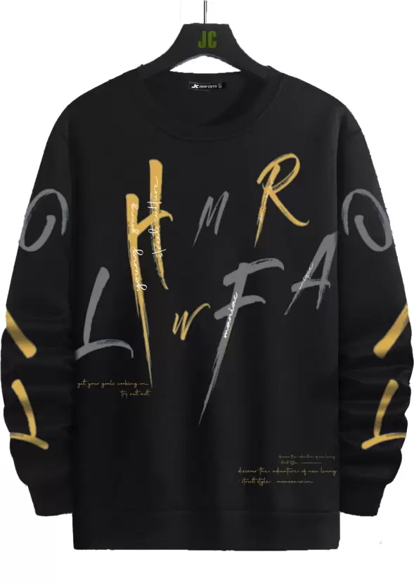 Men Typography Round Neck Pure Cotton Black, Yellow T-Shirt