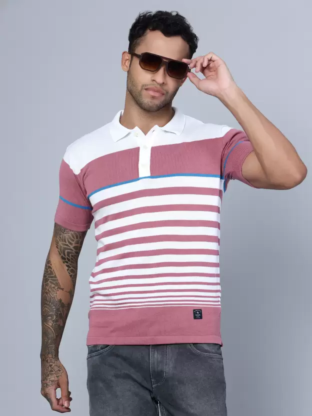 Men Striped Polo Neck Pure Cotton White T-Shirt