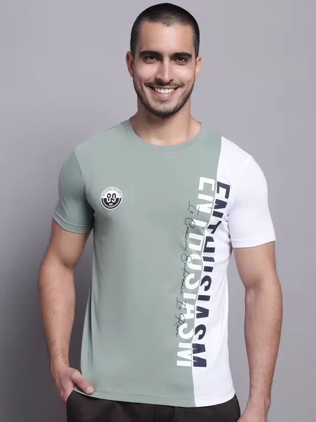 Men Typography Round Neck Poly Cotton Green, White T-Shirt