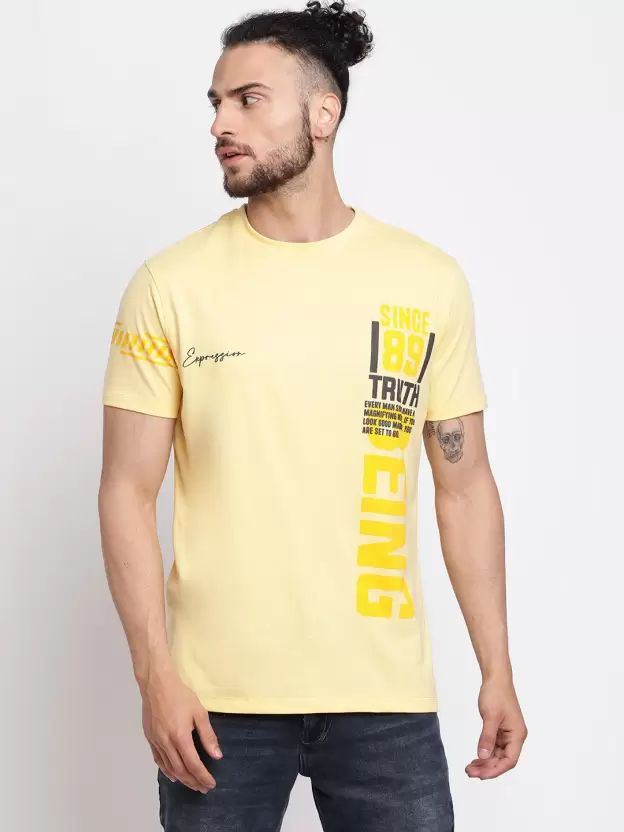 Men Printed Round Neck Cotton Blend Yellow T-Shirt