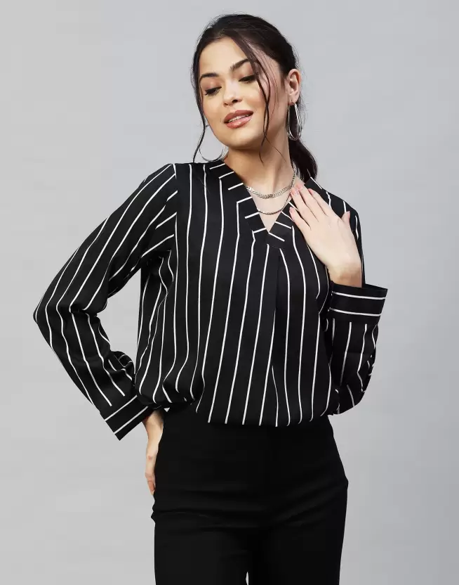 Women Striped Mandarin Collar Casual Shirt
