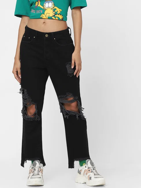 BLACK HIGH RISE RIPPED STRAIGHT JEANS