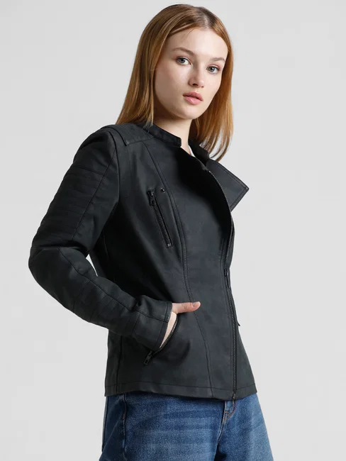 BLACK FAUX LEATHER BIKER JACKET
