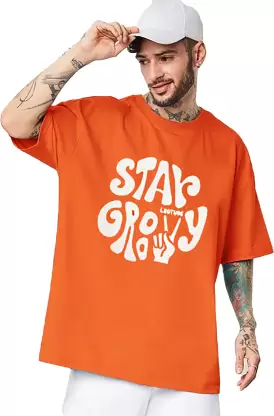 Men Printed Round Neck Cotton Blend Orange T-Shirt